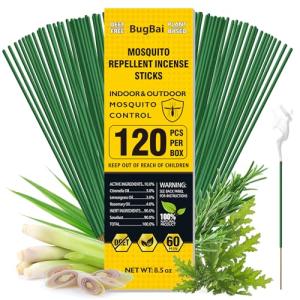 BugBai® Mosquito Repellent Outdoor Patio 120 PCS, Citronella Oil Mosquito Incense Sticks Indoor Home Pet Family Safe, Natural Plant-Based Bug Insect Barrier for Yard Garden Lawn Camping Fishing
