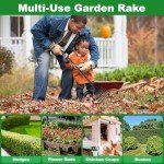11-Tine Adjustable Metal Garden Rake for Leaves
