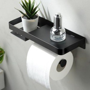 Wall Mount Toilet Paper Holder with Shelf - Black