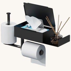 Wall-Mounted Black Toilet Paper Holder with Shelf