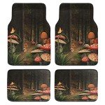 Ambesonne Mushroom Car Mat Set of 4, Mushrooms in Deep Dark Forest Fantasy Nature Theme Earth Path, Front & Back Seat Floor Mat Durable PVC Backing Car Accesory, Pomegranate Green