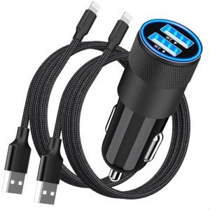 【MFi Certified】iPhone Fast Car Charger, Rombica 4.8A Dual USB Smart Power Cigarette Lighter USB Car Charger + 2Pack Lightning to USB Braided Cable for iPhone 14 13 12 11 Pro/XS Max/Mini/XR/SE/X/8/iPad
