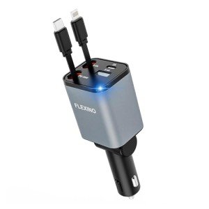 Flexino Retractable Car Charger, iPhone16 Car Charger, USB C Car Charger, 69W Fast Charge Car Charger, Smaller Size Car Charger with Retractable Cords, Fit for iPhone 16/15/14/13/12, Samsung, Grey