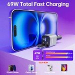 Flexino Retractable Car Charger, iPhone16 Car Charger, USB C Car Charger, 69W Fast Charge Car Charger, Smaller Size Car Charger with Retractable Cords, Fit for iPhone 16/15/14/13/12, Samsung, Grey