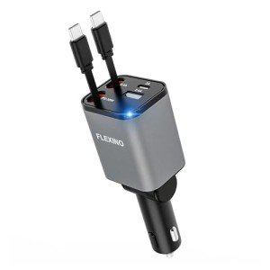 Flexino Retractable Car Charger, iPhone16 Car Charger, USB C Car Charger Adaptor, 69W Fast Charge Car Charger with Retractable Cords(Dual Type C), Fit for iPhone 16/15/14/13/12, Samsung, Grey