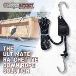Rope Ratchet 3/8" Tie Down, Block & Tackle Pulley System with Hooks, Adjustable Hanger for Kayaks, Canopies, Tents, 8' Braided Polypropylene Rope, 250 lb Capacity, Ideal for Roof Rack, Canoe Tie Downs