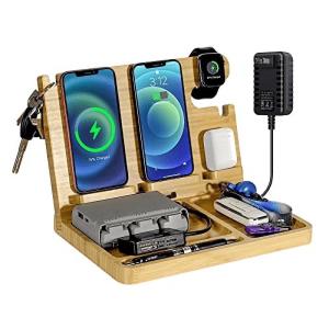 Bamboo Nightstand Organizer with 4 Wireless Chargers