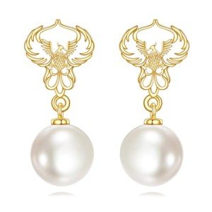 14K Gold Pearl Phoenix Dangle Earrings for Women