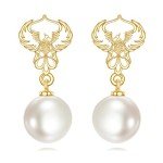 14K Gold Pearl Phoenix Dangle Earrings for Women