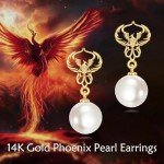 14K Gold Pearl Phoenix Dangle Earrings for Women