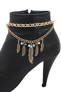 Gold Boot Chain Bracelet with Feather Charm