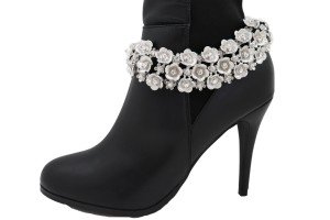 Silver Chain Boot Bracelet with Flower Charms
