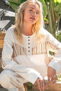 Cream Embroidered Hearts Women's Henley Top