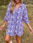 Floral Tie-Front Shirt Dress in Blue Paisley