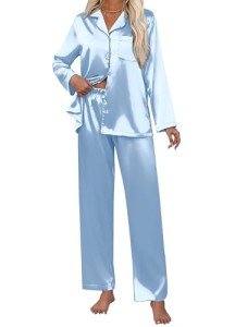 Silk Satin Pajama Set for Women - Clear Blue