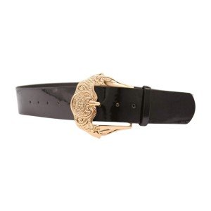 Black Faux Leather Statement Belt with Gold Buckle