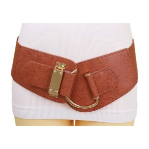 Brown Faux Leather Wide Band Belt with Gold Buckle