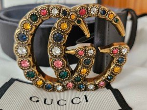GUCCI Marmont Black Leather Crystal GG Belt
