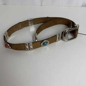 Turquoise Gem Silver Tone Leather Belt for Women