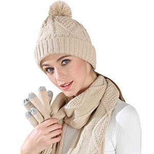 Warm Beige Winter Hat, Scarf & Gloves Set