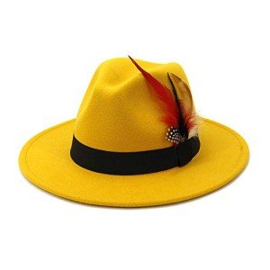 Feather Decor Yellow Wool Fedora Hat for Women