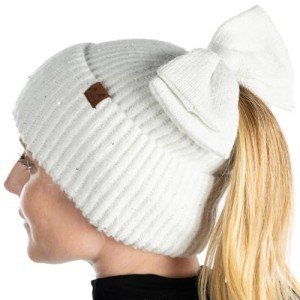 Funky Junque Women's Sequin Bow Ponytail Beanie