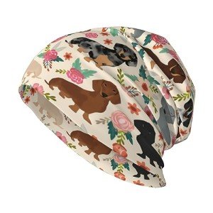 Pink Flower Dachshund Print Slouchy Beanie Hat
