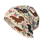 Pink Flower Dachshund Print Slouchy Beanie Hat