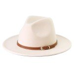 Cream Wide Brim Felt Fedora Hat with Belt