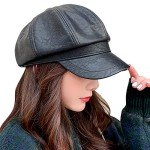 FEOYA Women's Black PU Leather Beret Hat
