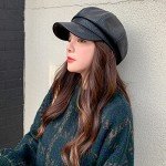 FEOYA Women's Black PU Leather Beret Hat