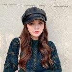 FEOYA Women's Black PU Leather Beret Hat