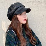 FEOYA Women's Black PU Leather Beret Hat