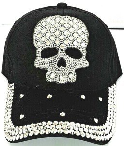 Skull Rhinestone Black Denim Bling Baseball Cap