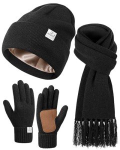 Satin Lined Beanie, Scarf & Gloves Set - Black