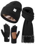 Satin Lined Beanie, Scarf & Gloves Set - Black