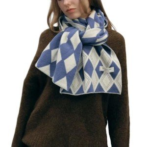 Blue Argyle Knit Scarf for Women
