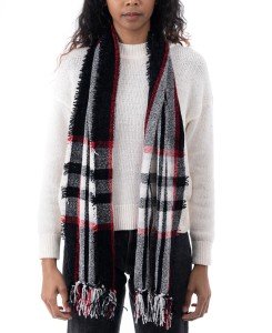 Cozy Black Red Plaid Chenille Scarf with Fringe