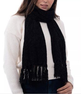 Black Chenille Scarf with Fringe Trim for Women