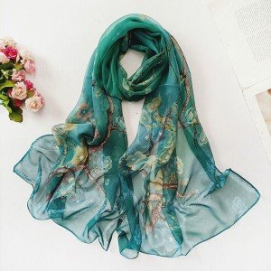Dark Green Floral Chiffon Scarf for Women