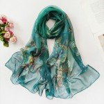 Dark Green Floral Chiffon Scarf for Women