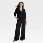 High-Rise Wide Leg Black Pull-On Pants for Women