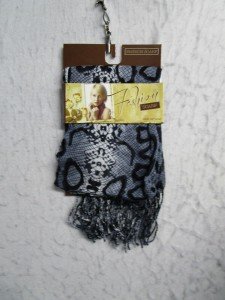 Soft Gray & Black Geometric Pattern Scarf with Tassels
