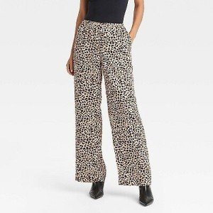 Leopard Print Satin Pull-On Straight Leg Pants