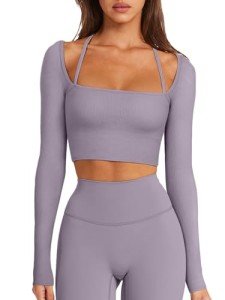 LASLULU Women's Ribbed Long Sleeve Crop Top