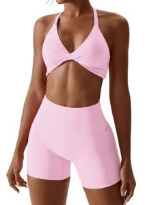 Light Pink Twist Front Sports Bra & Biker Shorts Set