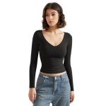 Trendy Black V-Neck Crop Long Sleeve Top