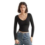 Trendy Black V-Neck Crop Long Sleeve Top