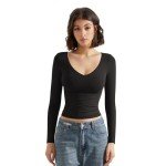 Trendy Black V-Neck Crop Long Sleeve Top