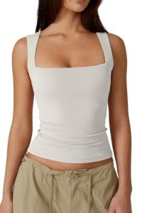 QINSEN Women's Fitted Sleeveless Square Neck Tank Top